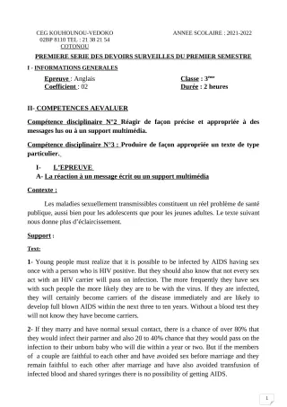 Première page de Anglais 3e — 1er devoir surveillé, 1er semestre (2021-2022) · CEG Kouhounou-Vêdoko