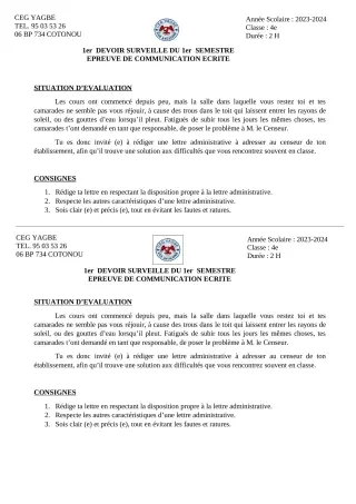 Première page de Français 4e — 1er devoir surveillé, 1er semestre (2023-2024) · CEG Yagbe