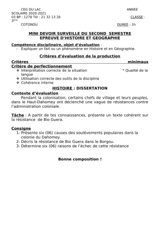 Première page de Histoire-Géographie 3e, 3e ML — 1er devoir surveillé, 2e semestre (2020-2021) · CEG du Lac