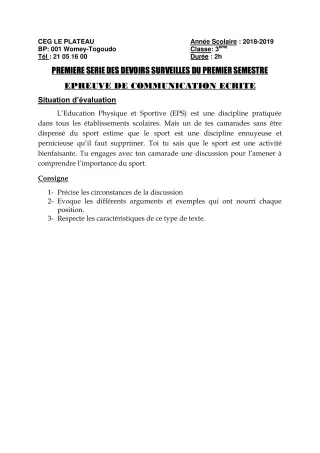 Première page de Français 3e ML — 1er devoir surveillé, 1er semestre (2018-2019) · CEG Le Plateau