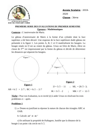 Première page de Mathématiques 3e — 1re évaluation sommative, 1er semestre (2019-2020) · CPEG Ste Thérèse de Zinvié