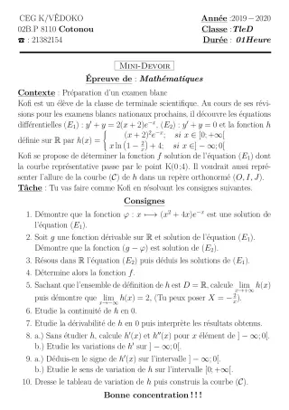 Première page de Mathématiques Tle D — Devoir surveillé (2019-2020) · CEG Kouhounou-Vêdoko