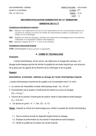 Première page de PCT 3e — 2e évaluation sommative, 2e semestre (2019-2020) · CEG Kouhounou-Vêdoko