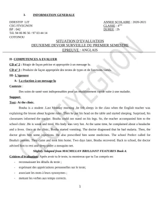 Première page de Anglais 4e — 2e devoir surveillé, 1er semestre (2020-2021) · CEG FIYEGNON