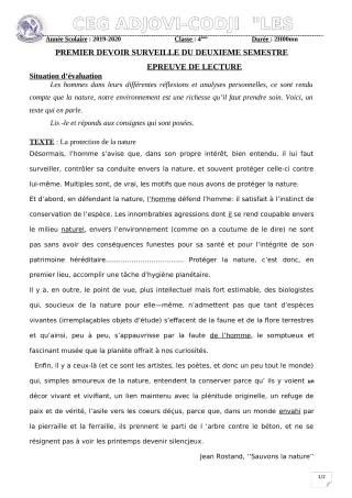 Première page de Français 4e, 4e ML — 1er devoir surveillé, 2e semestre (2019-2020) · CEG ADJOVICODJI 'LES OLIVIERS'