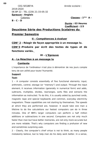 Première page de Anglais 6e, 5e, 4e, 4e ML, 3e, 3e ML, 1ère A, 1ère B, 1ère C, 1ère D — 2e production scolaire, 1er semestre (2019-2020) · CEG SEGBEYA
