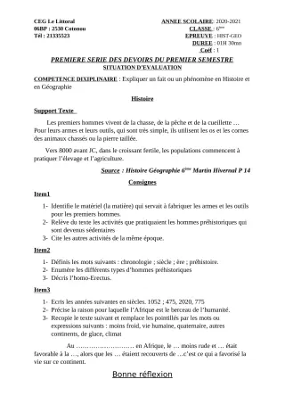 Première page de Histoire-Géographie 6e — 1er devoir surveillé, 1er semestre (2020-2021) · CEG Le Littoral
