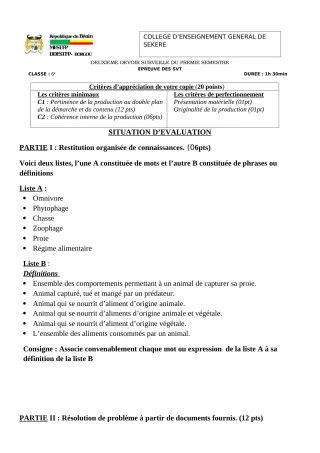 Première page de SVT 6e — 2e devoir surveillé (2022-2023) · CEG SEKERE