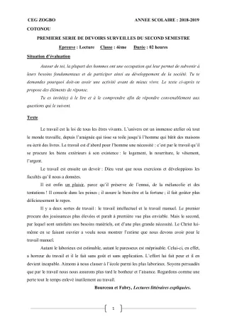 Première page de Français 4e, 4e ML — 1er devoir surveillé, 2e semestre (2018-2019) · CEG ZOGBO