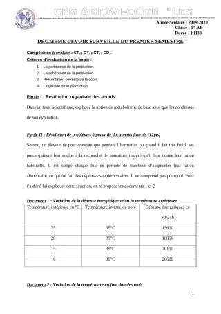 Première page de SVT 1ère B — 2e devoir surveillé, 1er semestre (2019-2020) · CEG ADJOVICODJI 'LES OLIVIERS'