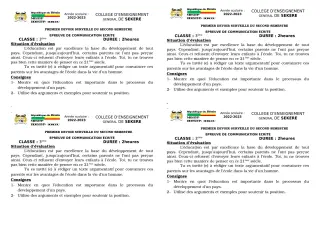 Première page de Français 3e — 1er devoir surveillé, 2e semestre (2022-2023) · CEG SEKERE