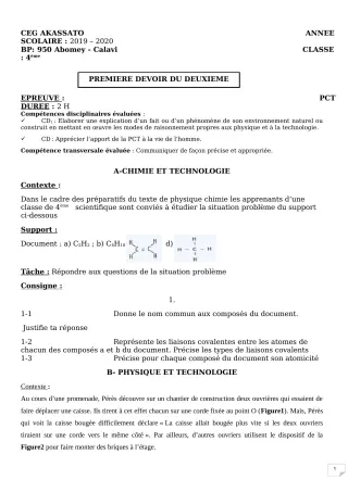 Première page de PCT 4e ML&MC — 1er devoir surveillé, 2e semestre (2019-2020) · CEG Akassato