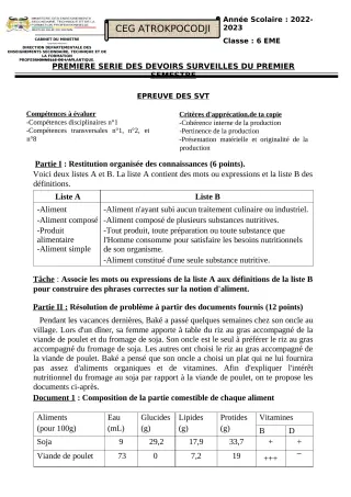Première page de SVT 6e, 5e — 1er devoir surveillé, 1er semestre (2022-2023) · CEG ATROKPOCODJI