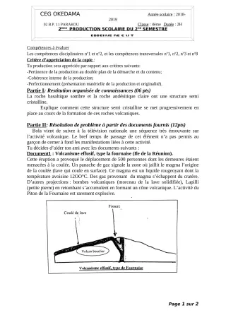 Première page de SVT 4e, 4e ML — Production scolaire, 2e semestre (2018-2019) · CEG OKEDAMA