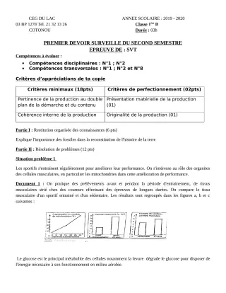 Première page de SVT 1ère D — 1er devoir surveillé, 2e semestre (2019-2020) · CEG du Lac