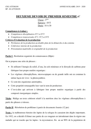 Première page de SVT 5e — 2e devoir surveillé, 1er semestre (2019-2020) · CEG Attogon