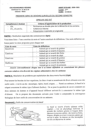 Première page de SVT 6e — 1er devoir surveillé, 2e semestre (2020-2021) · CEG Kouhounou-Vêdoko