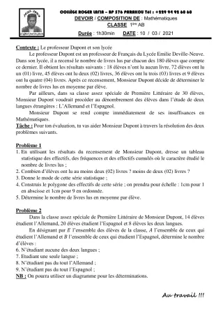 Première page de Mathématiques 1ère A1, 1ère A2, 1ère B — Composition (2020-2021) · CPEG Roger LAFIA