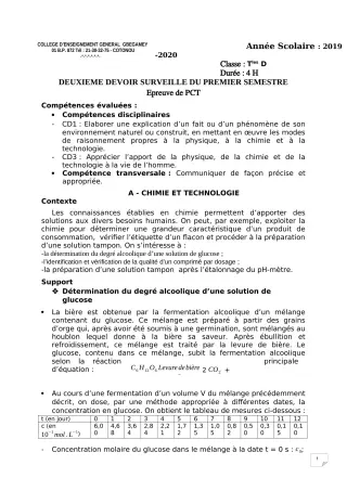 Première page de PCT Tle D — 2e devoir surveillé, 1er semestre (2019-2020) · CEG GBEGAMEY