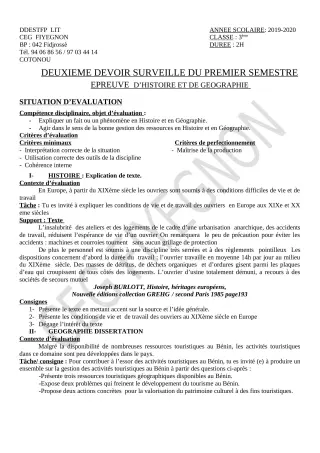 Première page de Histoire-Géographie 3e, 3e ML — 2e devoir surveillé, 1er semestre (2020-2021) · CEG FIYEGNON
