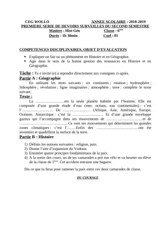 Première page de Histoire-Géographie 6e, 5e, 4e, 4e ML, 3e, 3e ML — 1er devoir surveillé, 2e semestre (2018-2019) · CEG WOLLO