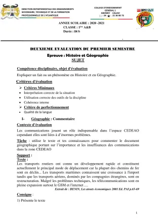 Première page de Histoire-Géographie 1ère A, 1ère A1, 1ère A2, 1ère B — 1er semestre (2020-2021) · CEG1 Abomey-Calavi
