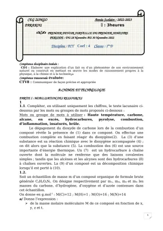 Première page de PCT 1ère D — 1er devoir surveillé, 1er semestre (2022-2023) · CEG ZONGO