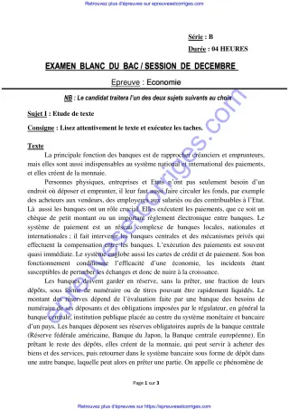 Première page de Bac 2026 – Économie Série B, Bac blanc décembre 2025 (banques, monnaie et politique monétaire)