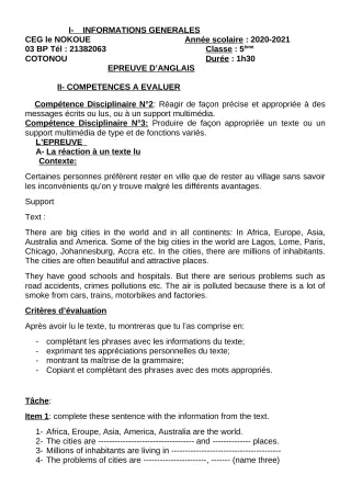 Première page de Devoir surveillé de ANGLAIS — 5e — CEG LE NOKOUE (2020)