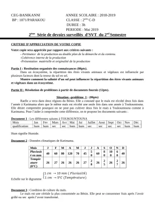 Première page de SVT 2nde C, 2nde D — 2e devoir surveillé, 2e semestre (2018-2019) · CEG Banikanni