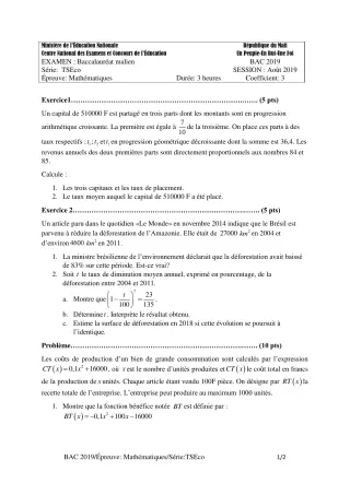 Première page de Épreuve BAC 2019 mathématiques série TSECO Mali