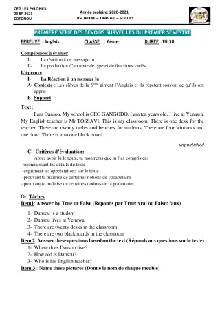 Première page de Anglais 6e, 5e, 4e, 3e, 3e ML, 2nde A & B, 2nde A1, 2nde A2, 2nde B, 2nde C, 2nde D, 1ère A1, 1ère A2, 1ère B, 1ère C, 1ère D, Tle A1, Tle A2, Tle B, Tle C, Tle D — 1er devoir surveillé, 1er semestre