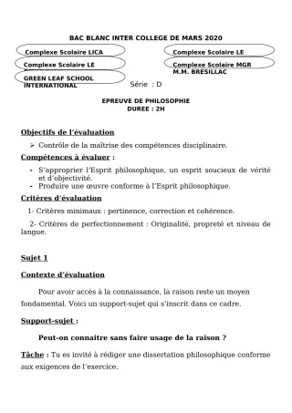 Première page de Examen Blanc de PHILO — Tle A2, Tle B, Tle C, Tle D — CPEG LICA (2019)