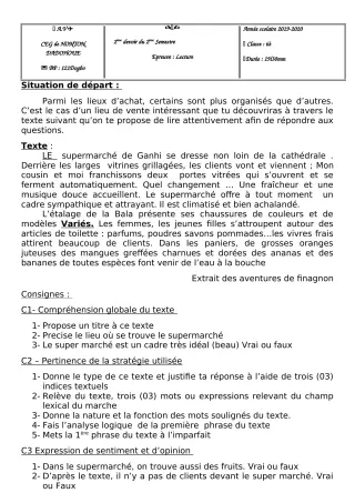 Première page de Français 6e — 2e devoir surveillé, 2e semestre (2019-2020) · CEG Honton