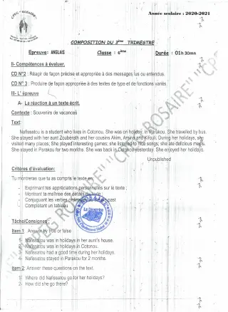 Première page de Anglais 6e — Composition (2020-2021) · CPEG ROSAIRE