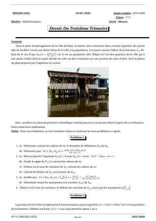 Première page de Mathématiques 1ère C — Devoir surveillé, 3e trimestre (2019-2020) · CPEG Roger LAFIA
