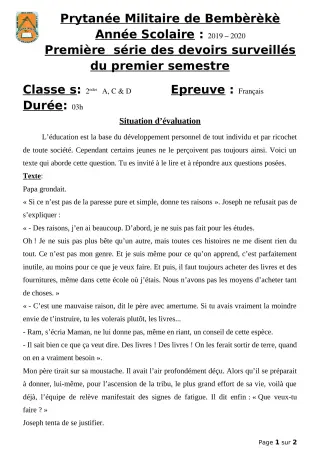 Première page de Français 2nde A2, 2nde C, 2nde D — 1er devoir surveillé, 1er semestre (2019-2020) · PMB