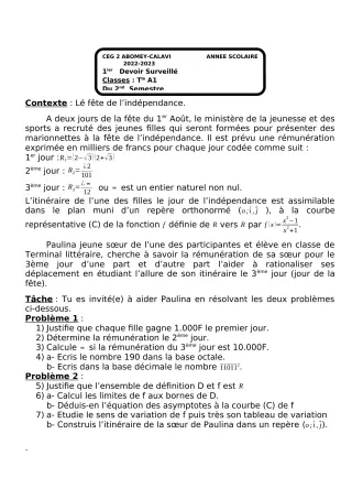 Première page de Mathématiques Tle A1 — Devoir surveillé, 2e semestre (2022-2023) · CEG2 ABOMEY - CALAVI (CEG ZOCA)