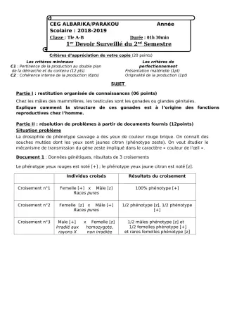 Première page de SVT 3e, 3e ML, Tle A1, Tle A2, Tle B, Tle C, Tle D — Devoir surveillé, 2e semestre (2018-2019) · CEG Albarika