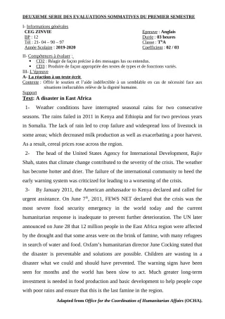 Première page de Anglais Tle A1, Tle A2 — 2e évaluation sommative, 1er semestre (2019-2020) · CEG Zinvié