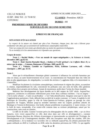 Première page de Français 1ère A1, 1ère A2, 1ère B, 1ère C, 1ère D — Devoir surveillé, 2e semestre (2020-2021) · CEG LE NOKOUE