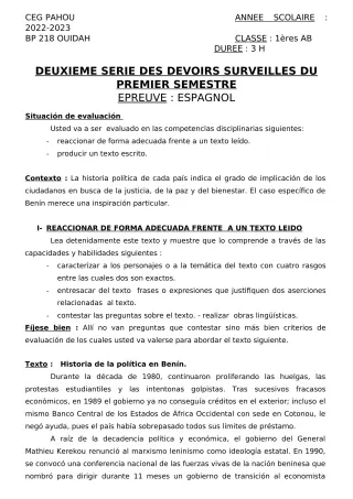 Première page de Espagnol 1ère A2, 1ère B — 2e devoir surveillé, 1er semestre (2022-2023) · CEG PAHOU
