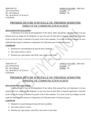 Première page de Français 4e — 1er devoir surveillé, 1er semestre (2020-2021) · CEG FIYEGNON