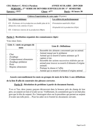 Première page de SVT 6e — 1er devoir surveillé, 1er semestre (2019-2020) · CEG Hubert C. MAGA