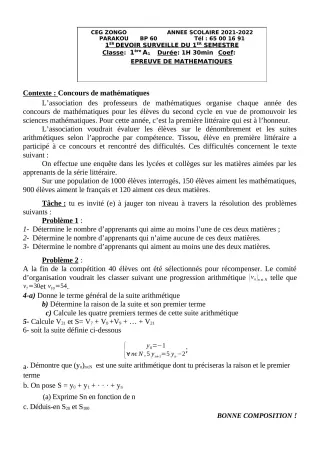 Première page de Mathématiques 1ère A1 — 1er devoir surveillé, 1er semestre (2021-2022) · CEG ZONGO