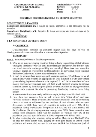 Première page de Anglais 2nde C, 2nde D — 2e devoir surveillé, 2e semestre (2019-2020) · CEG Kouhounou-Vêdoko