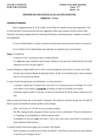 Première page de Français 3e, 3e ML — 1er devoir surveillé, 2e semestre (2018-2019) · CEG L'Entente