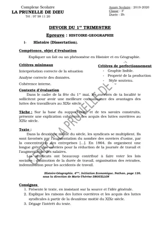 Première page de Histoire-Géographie 3e, 3e ML — Devoir surveillé, 1er trimestre (2019-2020) · CEPG La Prunelle de Dieu
