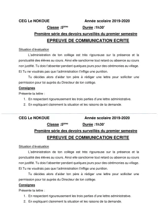 Première page de Français 5e — 1er devoir surveillé, 1er semestre (2019-2020) · CEG LE NOKOUE