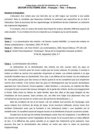 Première page de Français Tle A1, Tle A2, Tle B, Tle C, Tle D — Devoir surveillé (2019-2020) · CPEG Roger LAFIA